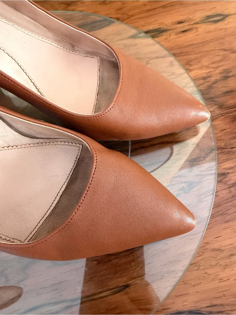 ALLY Shoes Caramel Brown Leather Pointed Block Heel Pumps 37.5B / US 7 7.5